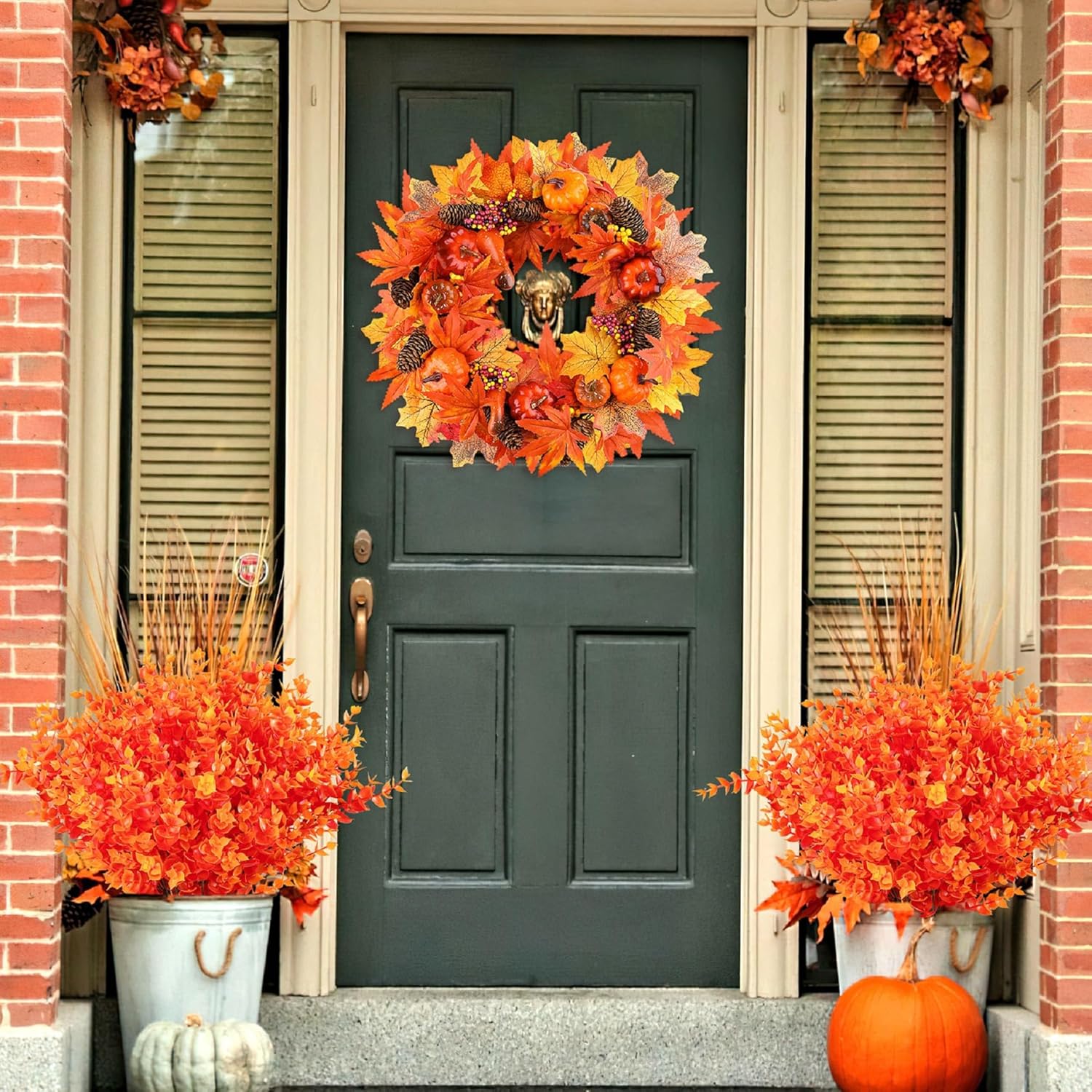 AmyHomie 20 Bundles Orange Fall Decor Artificial Flowers for Outdoor UV Resistant Faux Eucalyptus No Fade Fake Mums Plastic Plants Garden Porch Window Box Decorating - Image 9