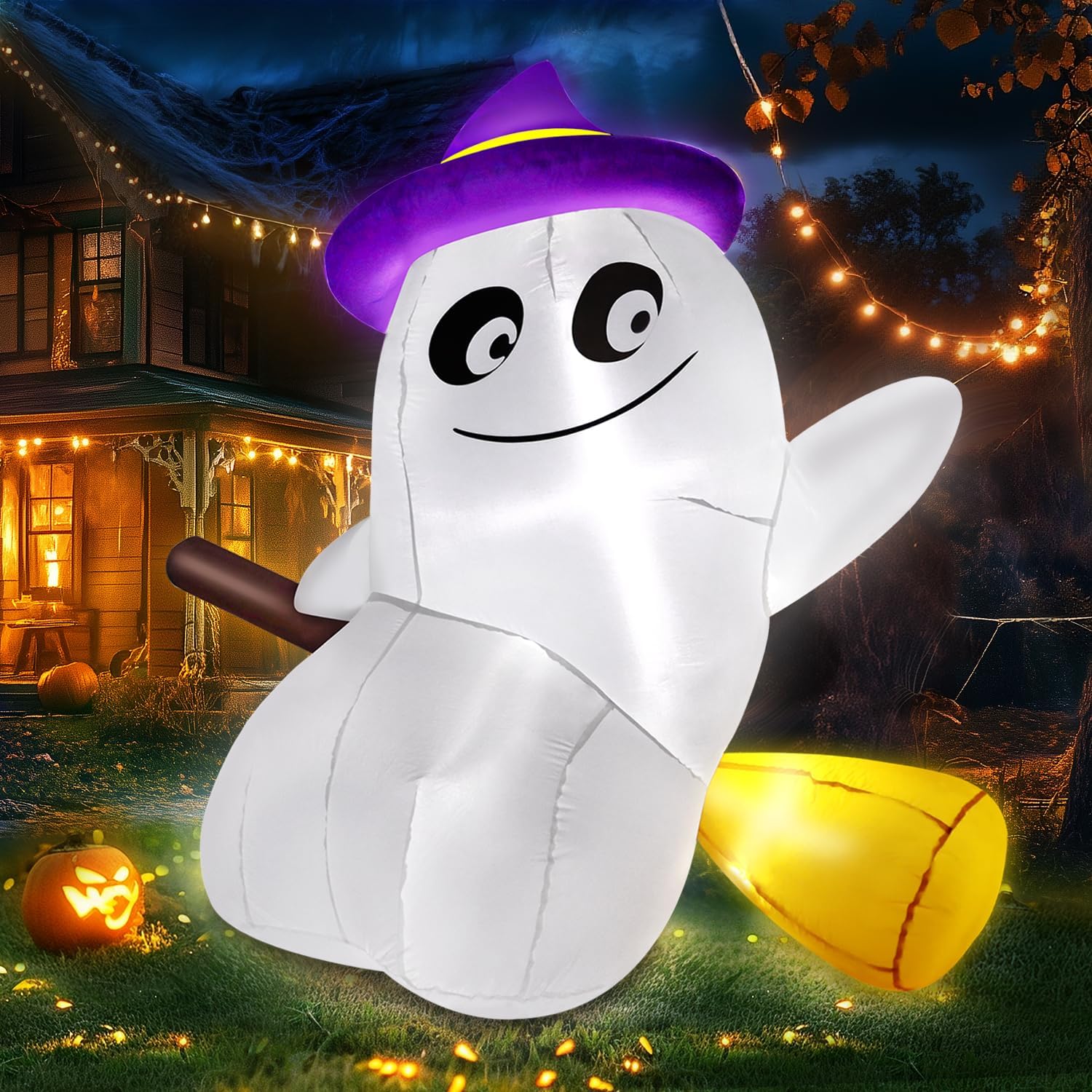 5FT Halloween Inflatables Ghost Outdoor Decorations Cute Ghost Sitting on Broom with Built-in LEDs, Blow Up Yard Decorations for Halloween Outdoor Yard Garden Lawn Party Decor