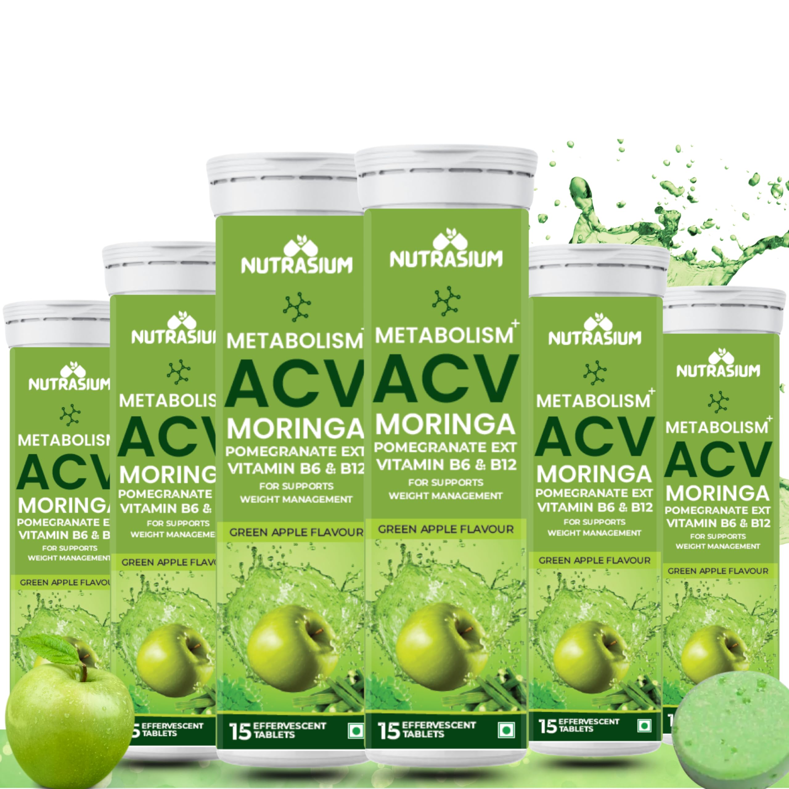 Nutrasium ACV Moringa Metabolism Plus | For Supports Weight Loss, Control Cravings, Convert Fat Into Energy, Boost Energy & Immunity | 90 Tablets Pack of 6X15