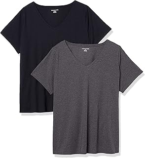 Amazon Essentials Damen T-Shirt mit V-Ausschnitt und kurzen Ärmeln aus 100 % Baumwolle (in Übergröße erhältlich), 2er-Pack