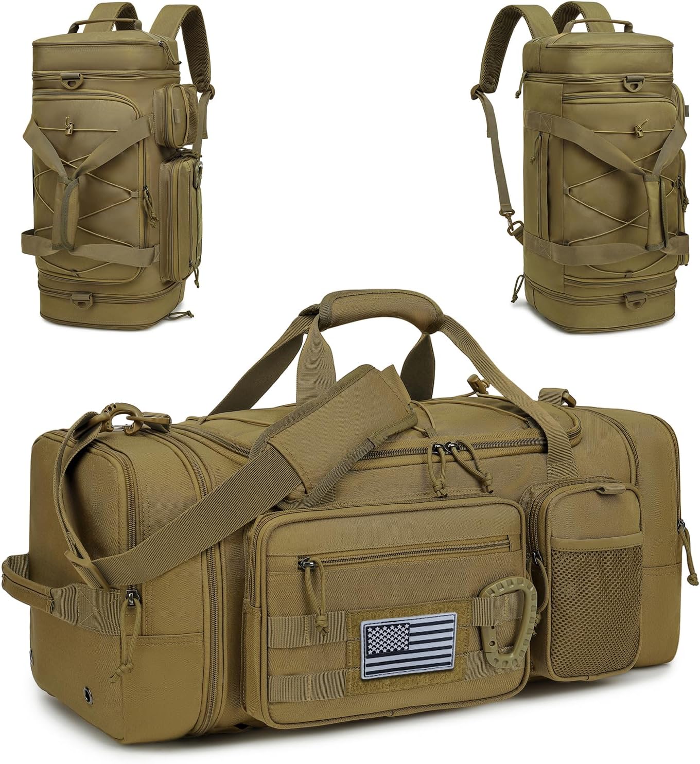 3 in 1 Tactical Gym Bag Backpack for Men 40-45L Expandable Travel Duffle Bag for Women Military Sport Duffel Bags Weekend Overnight with Shoe Compartment & Wet Pocket for Fitness, Green