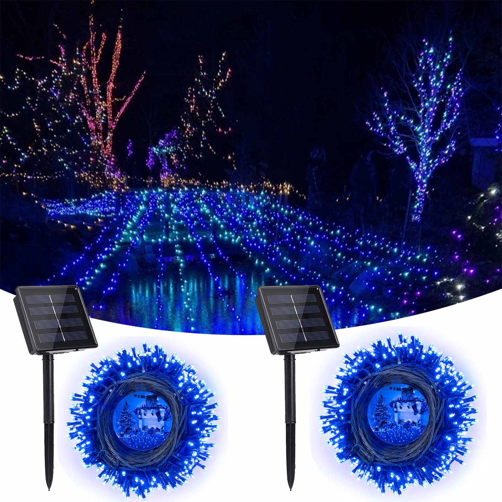 Solar String Lights, 2 Pack 72ft 200 LED Solar Fairy Lights Outdoor, Waterproof 8 Modes Solar Powered Fairy Lights for Patio, Yard, Garden, Party, Wedding, Christmas, Holiday Decorations (Blue)