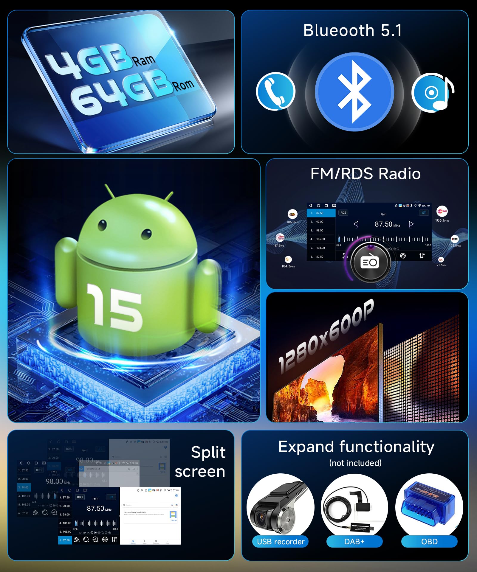4G/64G VECHTEL 6,9" radio samochodowe Bluetooth Android 15 Carplay Android Auto, DSP, 2 USB/Type-C, EQ, WiFi GPS, Mirrorlink, radio RDS/FM 2 Din Con kamera cofania AHD/sterowanie na kierownicy