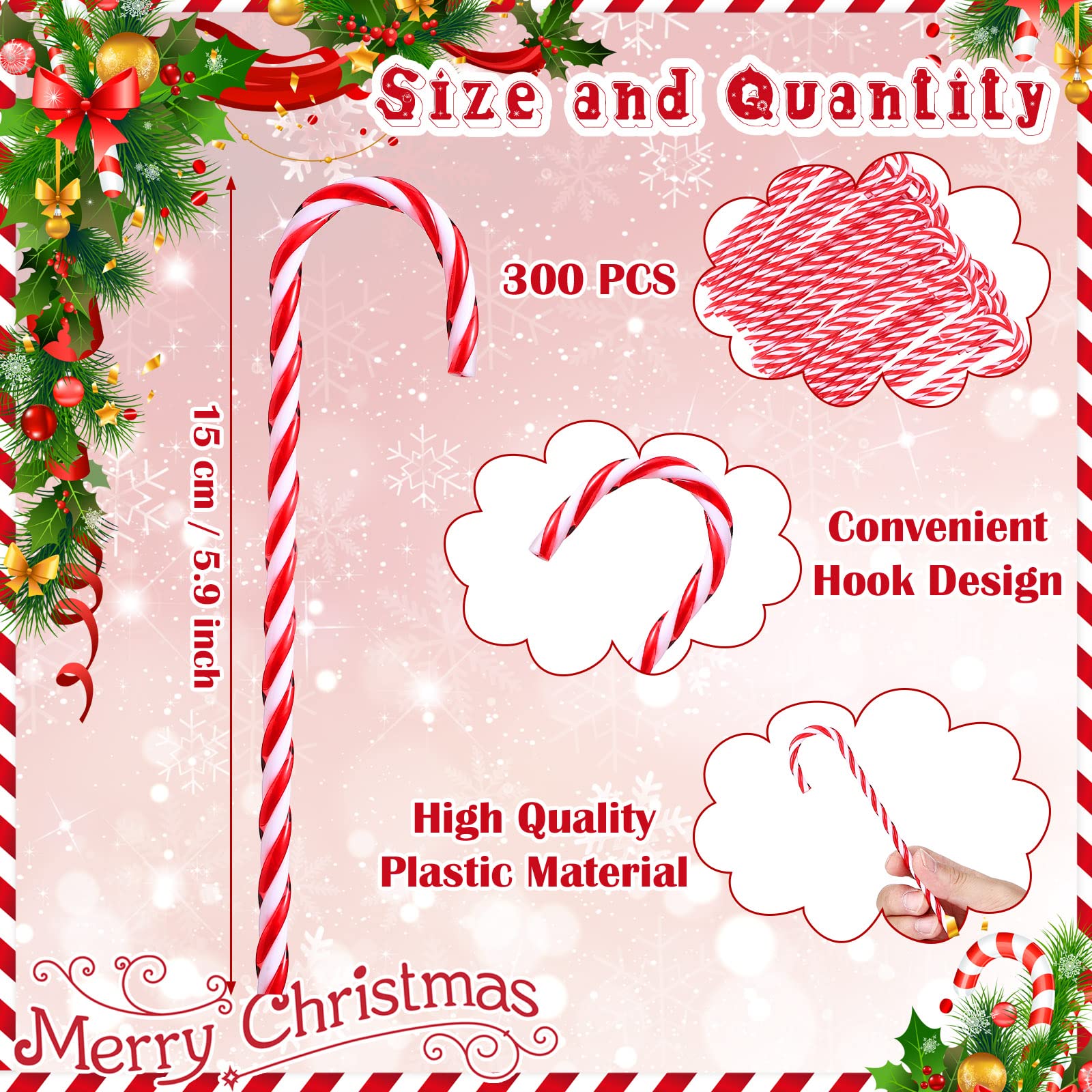 Décoration de Noël en plastique en forme de canne à sucre torsadée avec béquille pour sapin de Noël - Décorations d'intérieur et d'extérieur (rouge et blanc, 300)