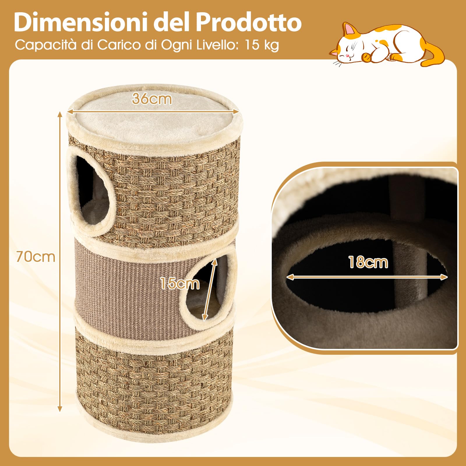 COSTWAY Cuccia per Gattini a 3 Piani a Barile (Marrone, 36 x 36 x 70 cm) | Torre per Gatti con Tappetino Tiragraffi in Sisal, Letto Morbido per Nanna e Base Rinforzata per Appartamenti