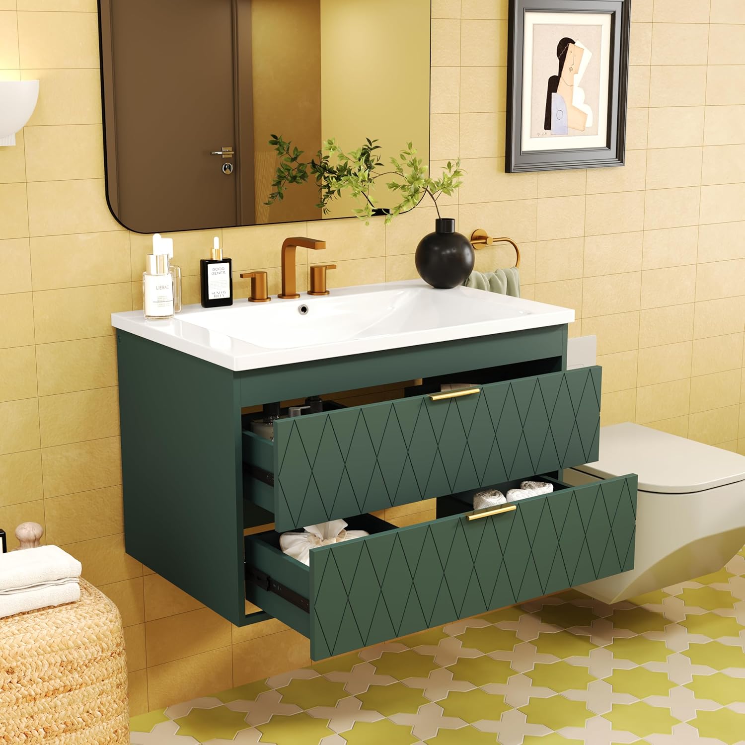 A Zyerch vanity with both drawers open, showcasing items stored inside and the internal dividers.