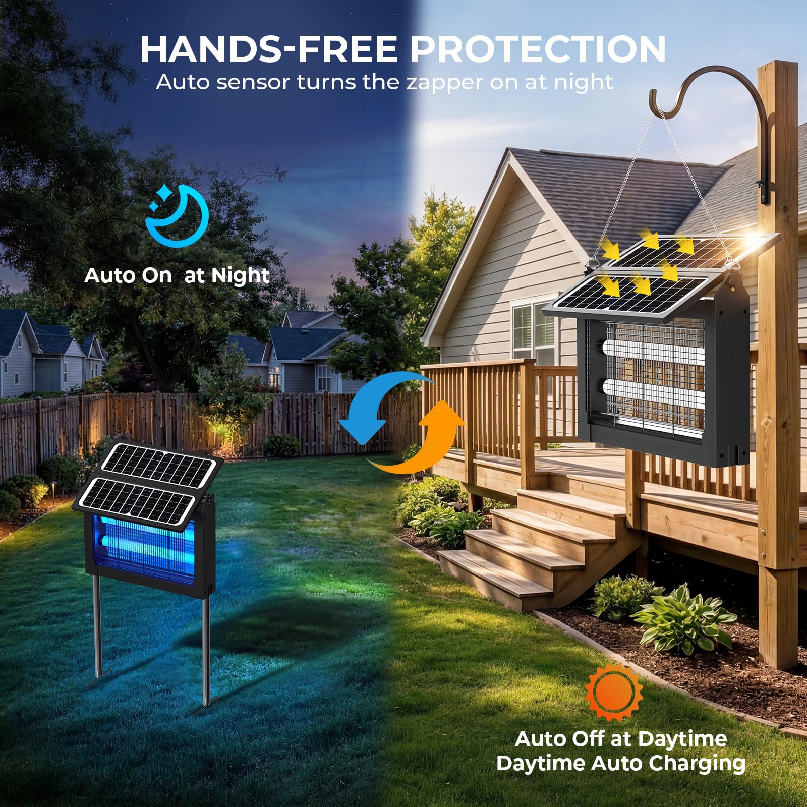 Eliminador de insectos solar mejorado para exteriores con paneles duales, 4500 V, inalámbrico, recargable, matamoscas para moscas, impermeable, eléctrico, para patio, jardín, patio, caravana, camping