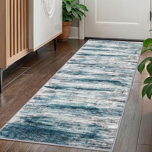 Miniatura 227 de KOZYFLY Alfombra moderna abstracta lavable de 2.6 x 10 pies, antideslizante, suave, alfombra de camino de cocina, alfombra a rayas azules óxido para