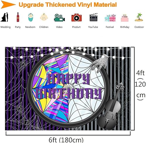 Miniatura 5 de Pancarta de fondo de cumpleaños de miércoles Addams, decoraciones de fiesta de Addams, tela de araña negra y morada, fondo gótico de Halloween,