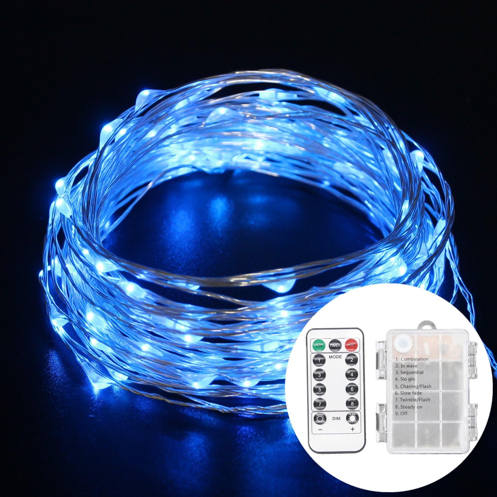 LED String Lights, 33ft 8 Modes Waterproof Battery Powered Copper Wire Dimmable 100 LEDs Fairy String Lights Blue with 13Key Remote for Indoor Outdoor Garden (Battery Not Included)