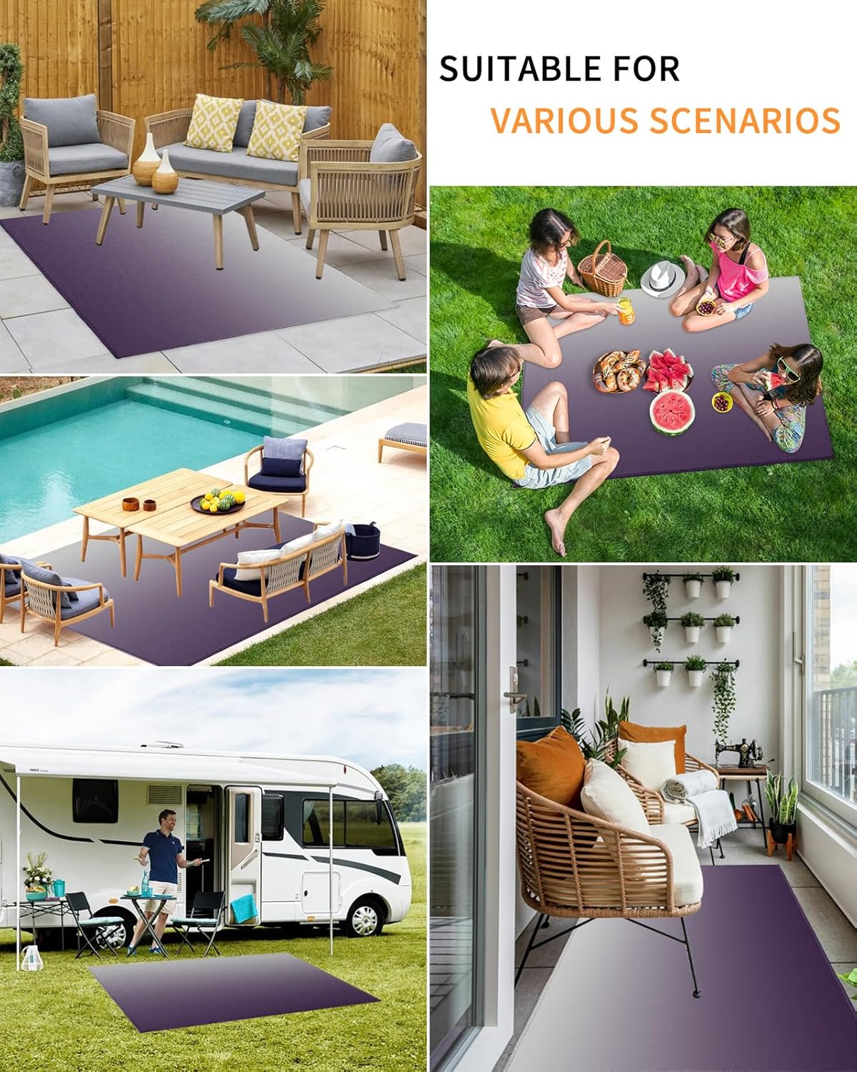 Waterproof Outdoor Rug 5x8 Ft Large Area Rug Ombre Lavender Purple Gray Indoor Outdoor Carpet Reversible Outdoor Rugs Mats for Patio Camping,RV,Front Door, Texture Pattern Outside Decor