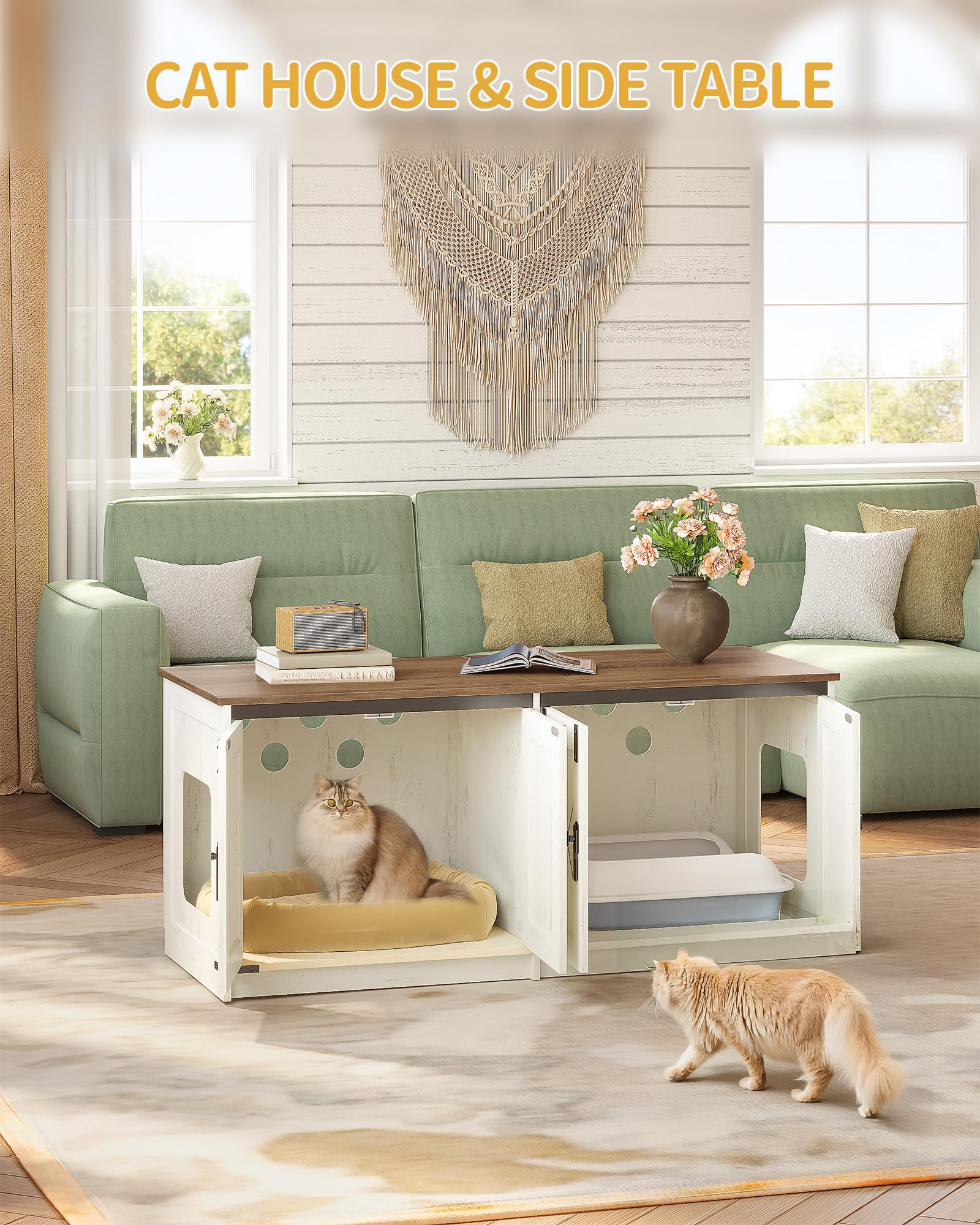 Hzuaneri Armario para Gatos, 119cm Blanco Marrón, Caseta para Gato Interior | 119 x 48 x 53,5 cm, Mueble Arenero Gato para 2 Gatos, Mueble de Caja de Arena Oculto, Estilo Granja, CB85314X