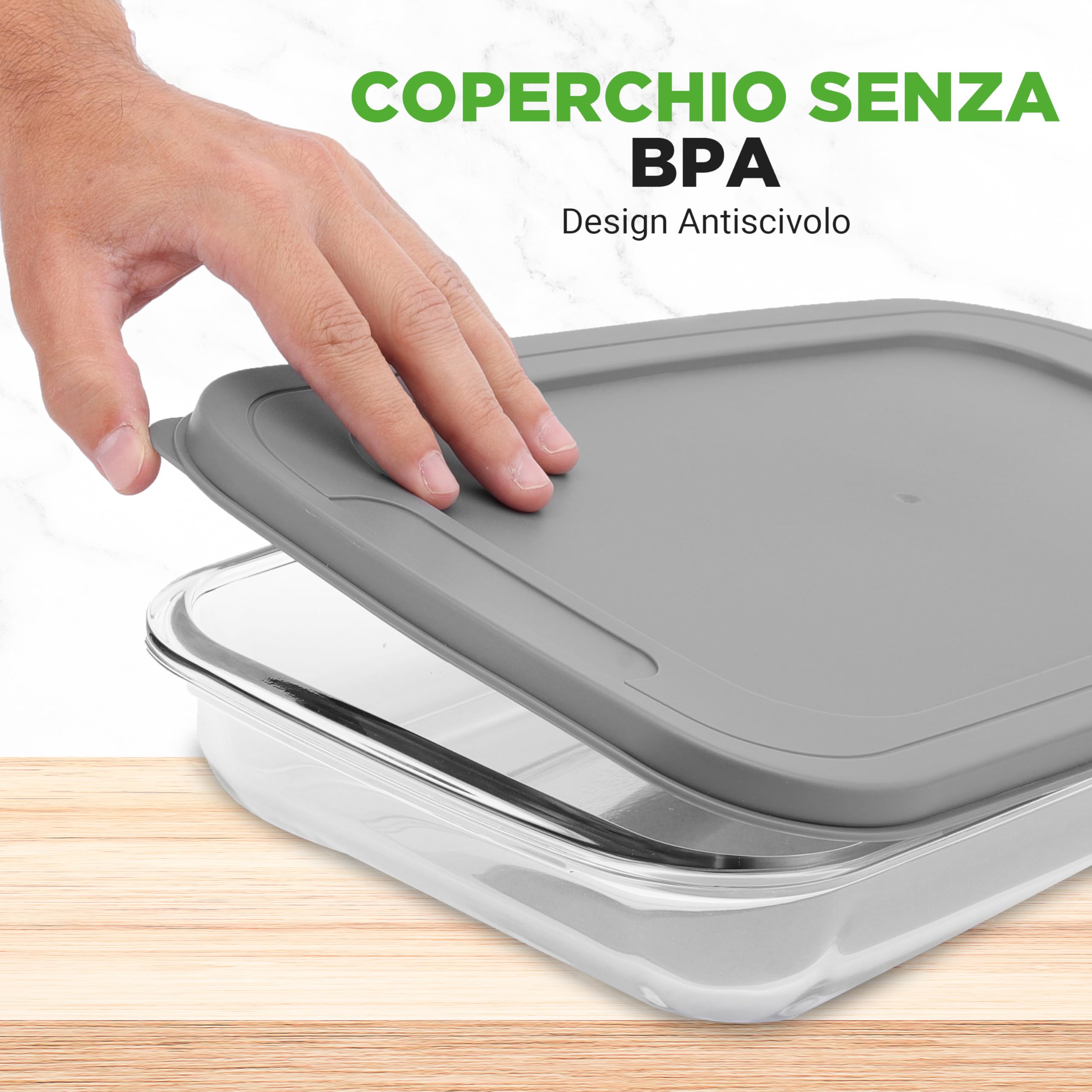 NutriChef Set 4 Pezzi Stampo per Lasagna, Dolci e Pasta, Tiramisu, Contenitori Vetro per Alimenti, Ideale per Verdura e Frutta, Freezer, Forno, Lavastoviglie, Coperchio senza BPA, Grigio