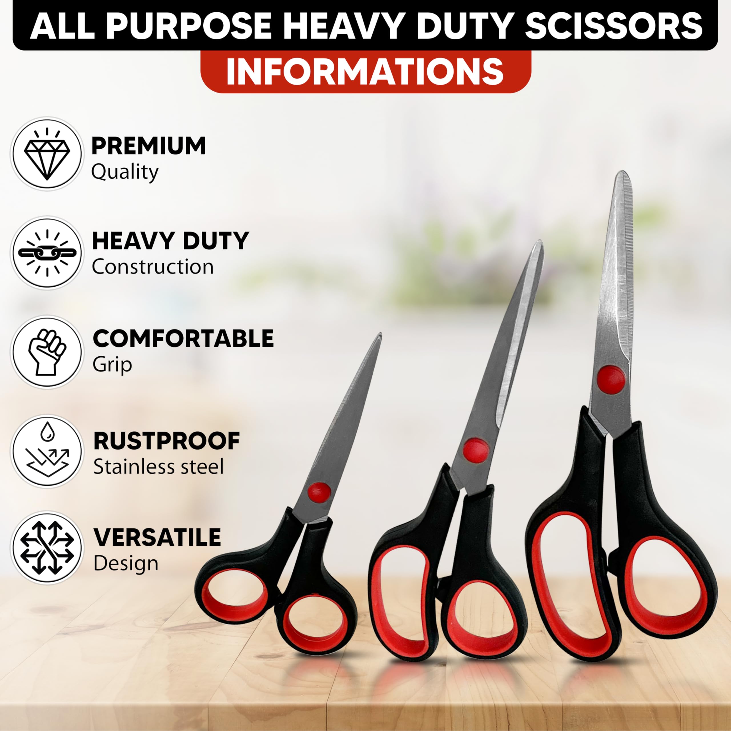 3-pack All Purpose Scissors 3 Sizes Ultra Sharp SS Blades Comfort Non-Slip Ergonomic Handle Great as Office Gifts, Home, Kitchen Shears, School, Sewing Fabrics, Crafts, And Multipurpose