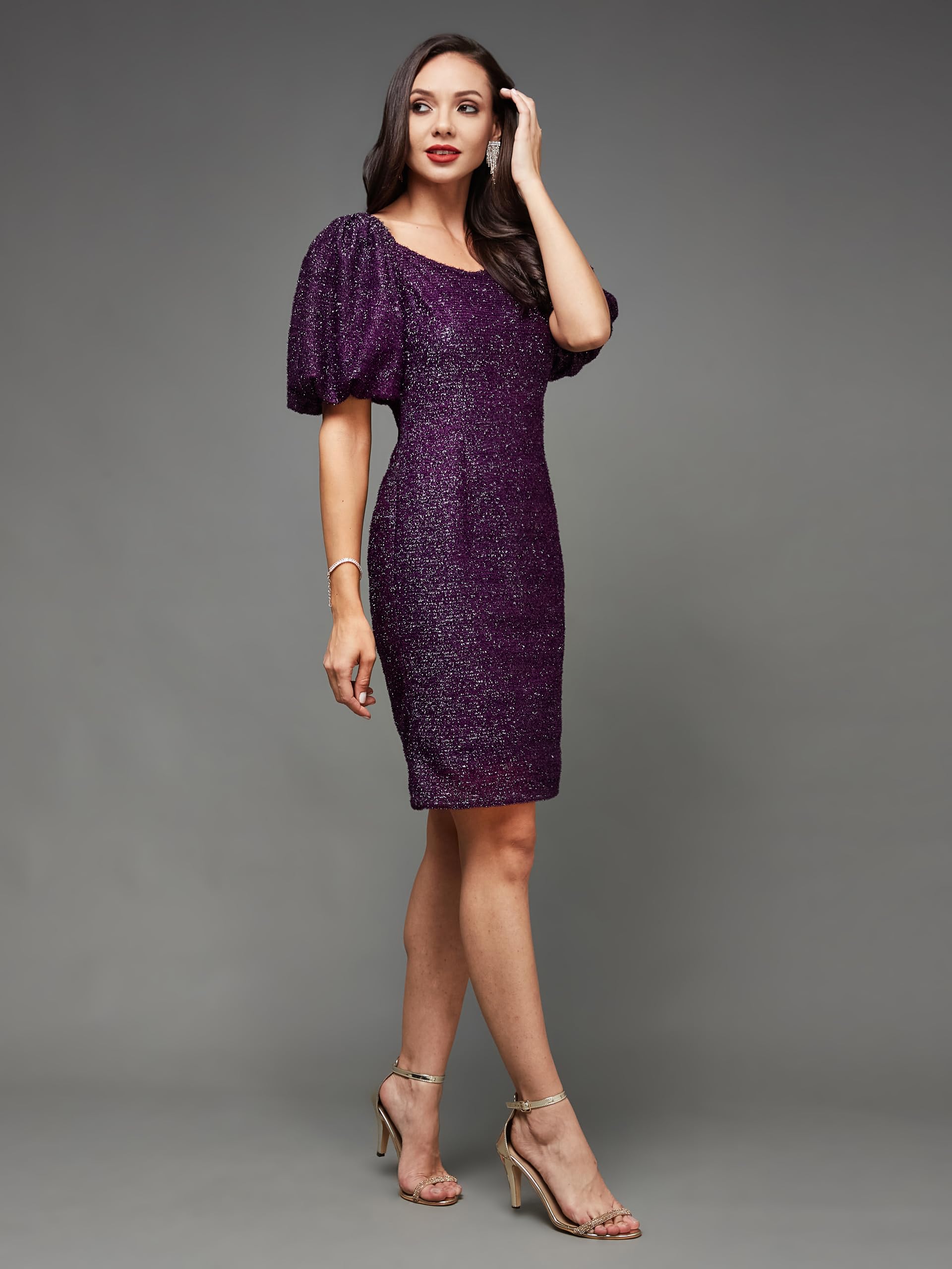 Miss Chase Women's Square Neck Half Sleeve Self Design Bodycon Mini Polyester Dress (Mcss23D98-55-289-05, Dark Purple, L)