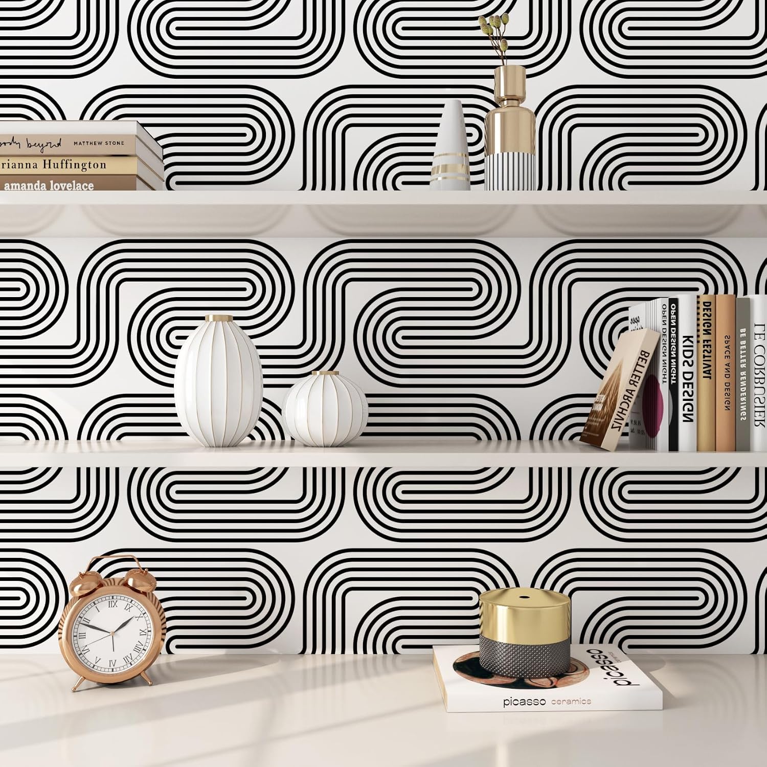 FunStick Modern Black and White Wallpaper Peel and Stick Swirl Geometric Wallpaper for Bedroom Bathroom Living Room Removable Abstract White Contact Paper for Cabinets Wall Decor Waterproof 17.5"x118"
