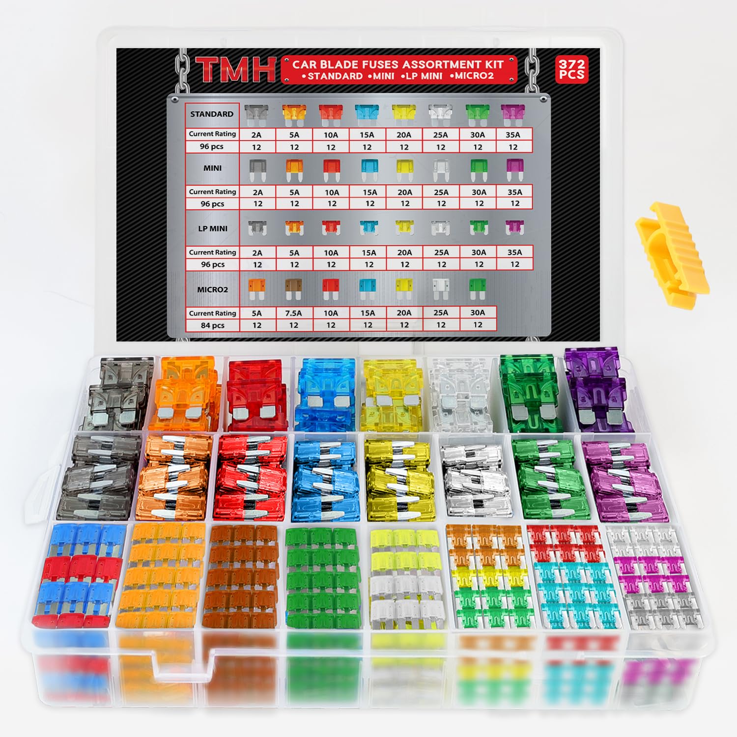 TMH Kit surtido de 372 fusibles para coche, 96 fusibles de hoja estándar para automóviles + 96 mini fusibles + 96 LP Mini + 84 fusibles Micro2 + 1 extractor - para auto, RV, camión, barco (2A 5A 7.5A