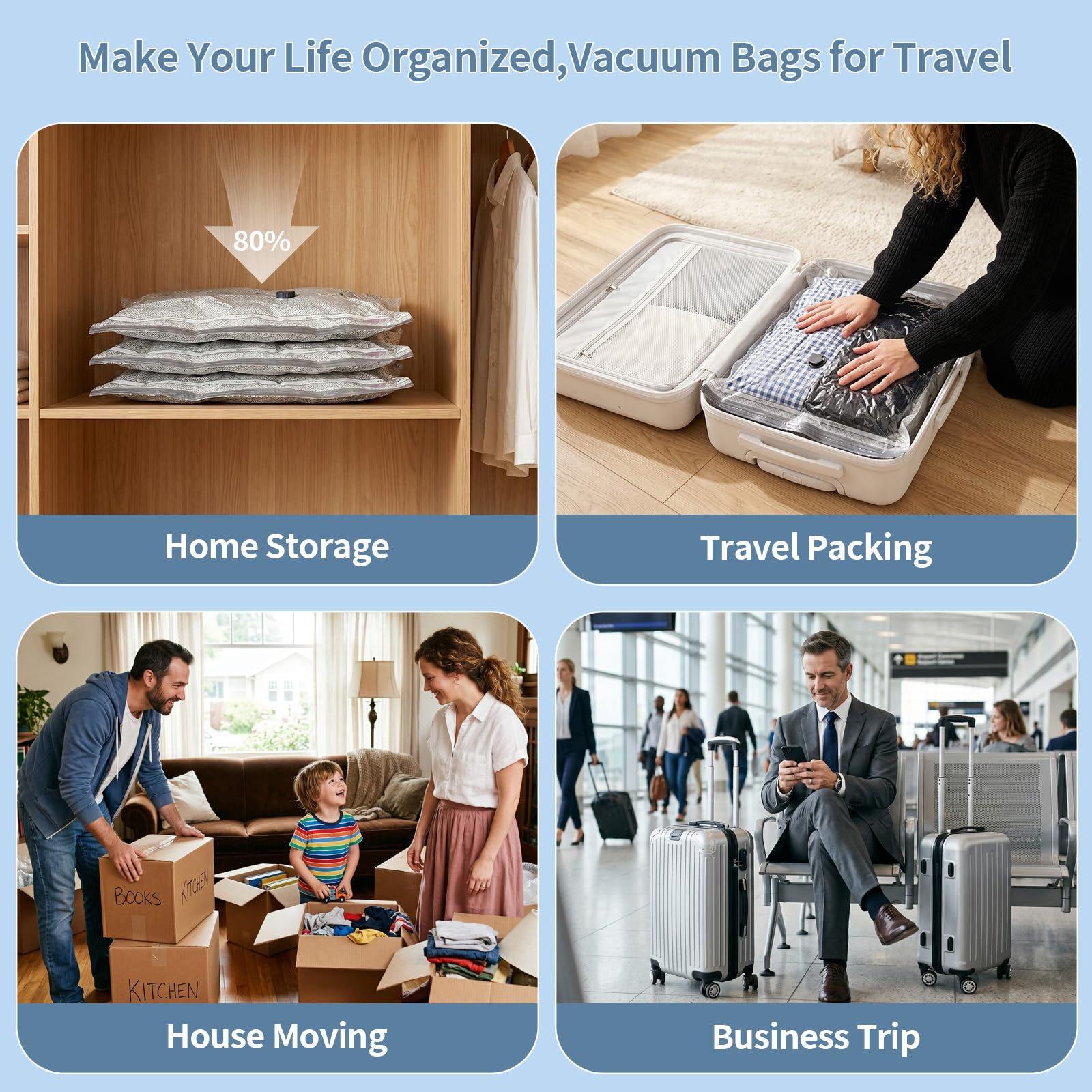Bolsas de viaje de sellado al vacío para ropa, bolsas de almacenamiento al vacío con bomba recargable, paquete de 18 unidades de compresión para ahorrar espacio para ropa, mantas, ropa de cama, maleta