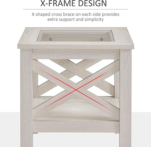 Miniatura 8 de HOMCOM Mesa auxiliar estilo granja con marco de madera, mesa de vidrio templado y estante de almacenamiento inferior, mesa auxiliar para sala de