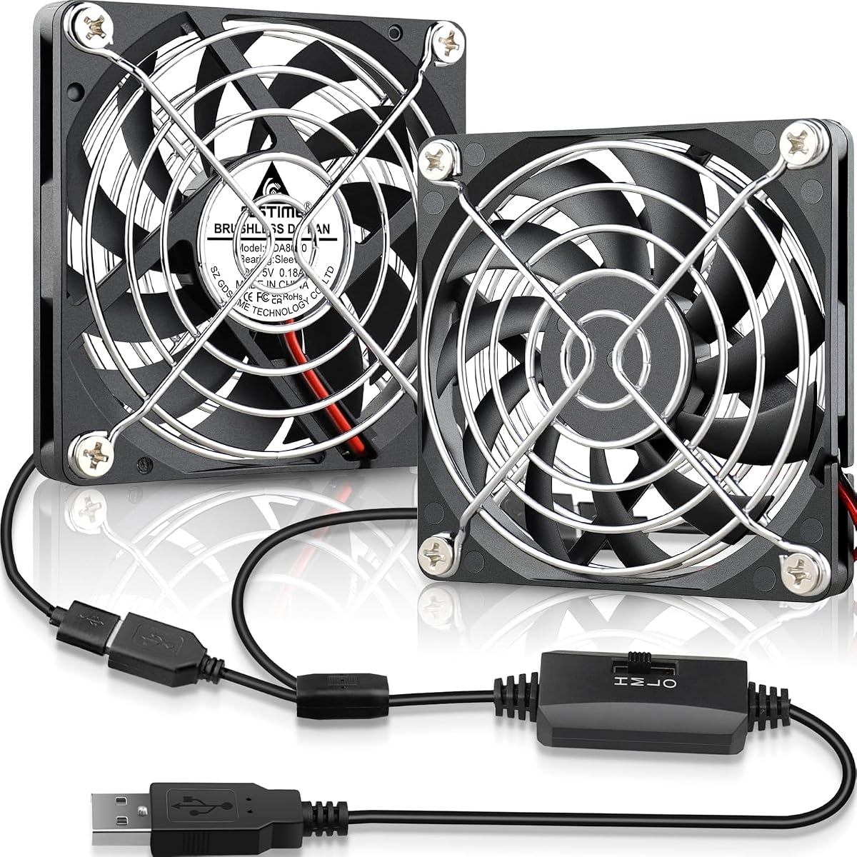 GDSTIME Dual 80mm x 10mm Slim USB Fan with 3 Speeds Control, DC 5V Powered | L/M/H Adjustable, Brushless, Ultra Thin 8010, 80x80x10mm, for Mini Computer PC, Receiver, DVR, Cable Box, DIY Cooling Project