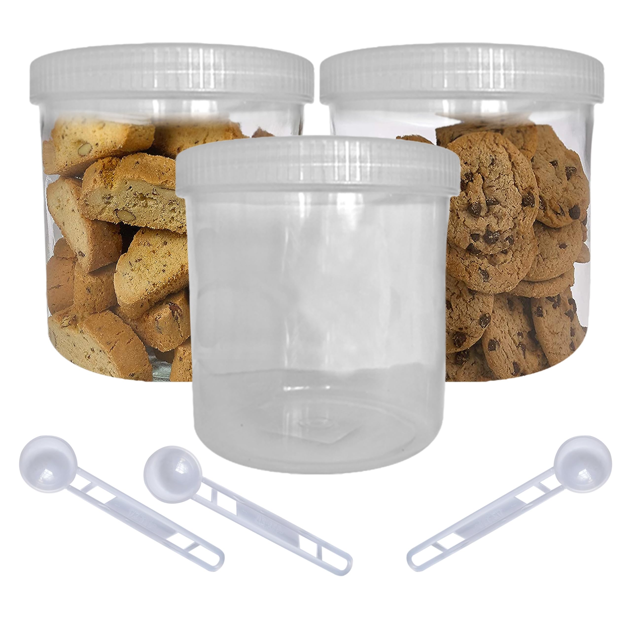 KANSY Plastic Storage Canisters Jars with Screw Lids, Kitchen Food Containers with Spoons, BPA Free Airtight Boxes for Dry Food, Beans, Pasta, Sweets, Cookies (1425ml, Pack of 3)