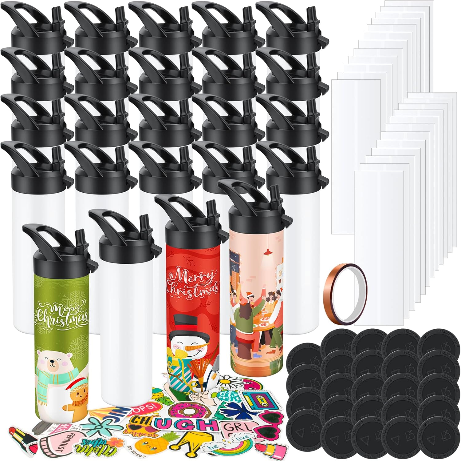 24 Pack Sublimation Tumbler 20oz Triple-Insulated Stainless Steel Sports Water Bottle with Straw Lid Blank Sublimation Cup with DIY Stickers, Shrink Wrap, Rubber Base, Heat Tape for Heat Transfer 1 Black-24 Pack