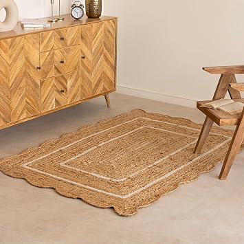 HOMEMONDE Wave Scalloped Braided Jute Area Rug | Handwoven Reversible Boho Farmhouse Carpet for Living Room, Bedroom, Kitchen & Entryway | 4 x 6 | Off White & Natural