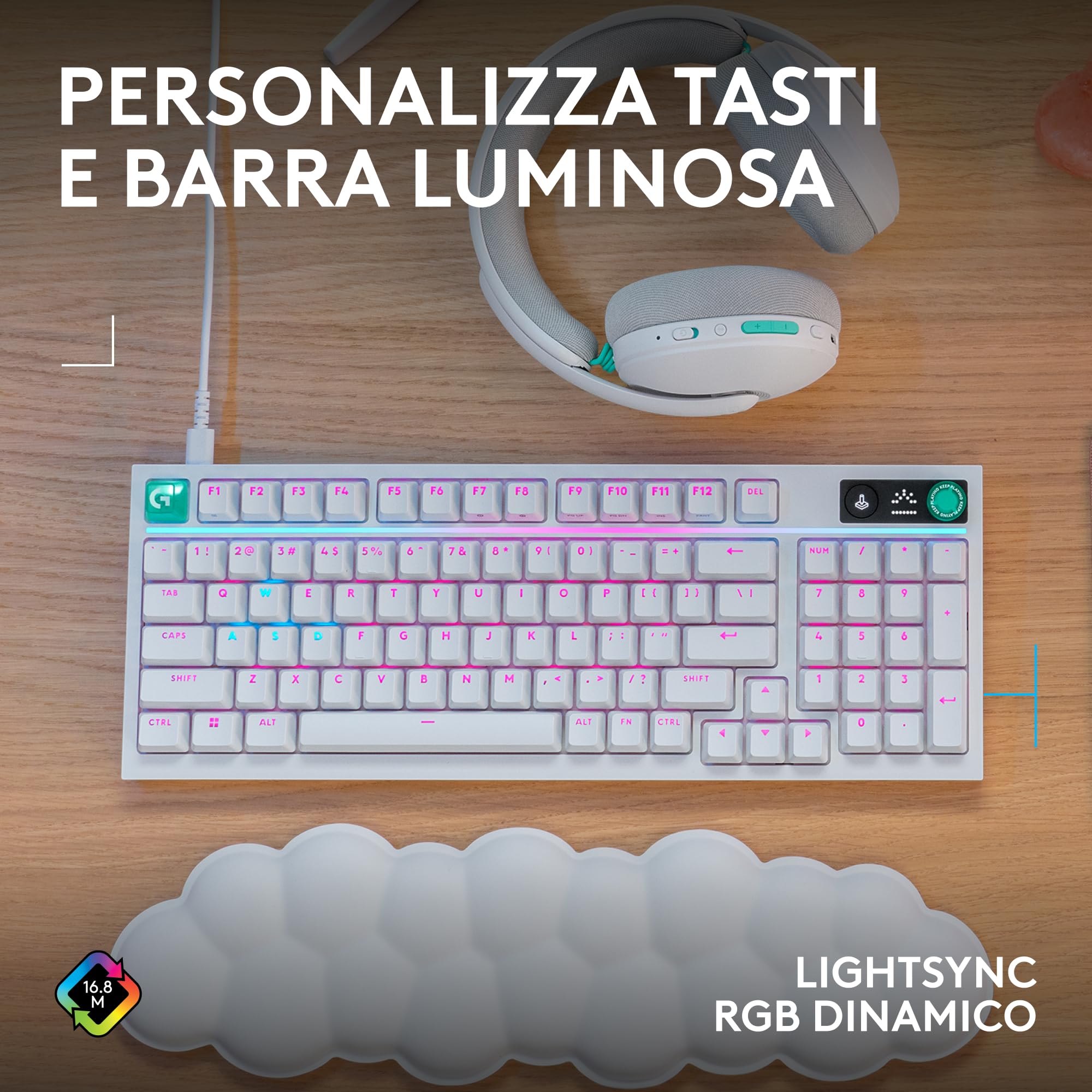 Logitech G G316 X 98, tastiera gaming, 8 kHz, switch Tactile hot-swap, struttura a guarnizione, display LED matrice & manopola, tasti PBT bicomponente, USB-C, RGB LIGHTSYNC, PC, ITA QWERTY - Bianco