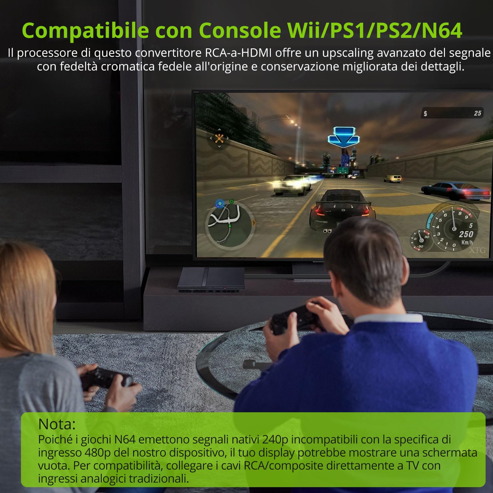 LiNKFOR Convertitore da RCA a HDMI 1080P 60Hz Adattatore Audio Video AV a HDMI Conversione HD per Console Retrò Wii PS1 PS2 N64