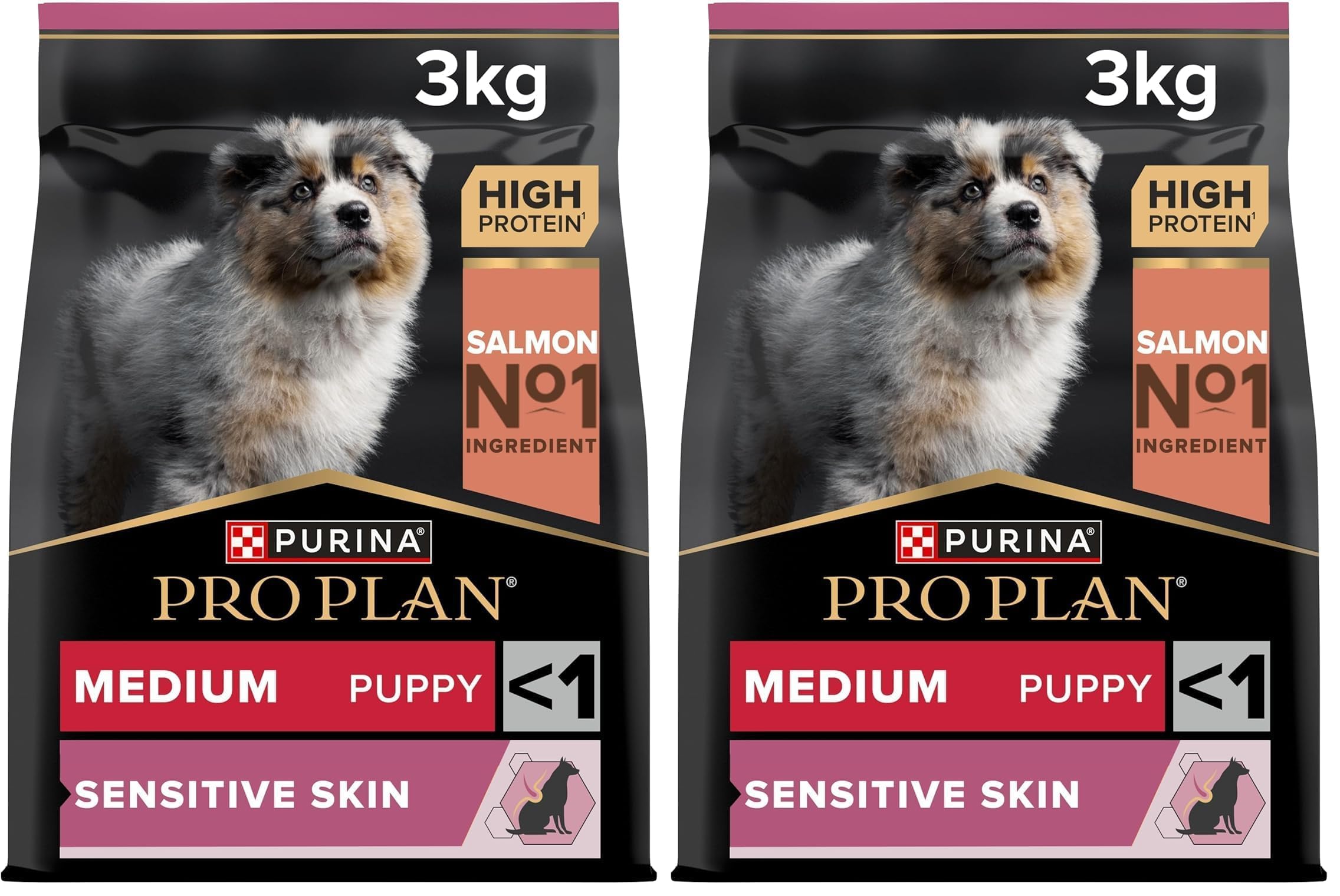 Pro Plan Medium Puppy Sensitive Skin, Welpenfutter trocken, reich an Lachs, 2er Pack (1 x 3 kg)