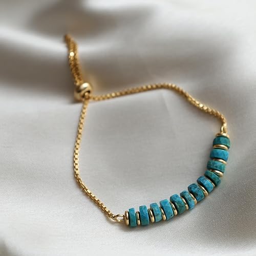 Miniatura 7 de Gempires Turquoise Heishi Beads Slider Bolo Bracelet, Disc Crystals Bracelet for Women, December Birthstone, 14k Gold Plated Chain, 6-8 Inch