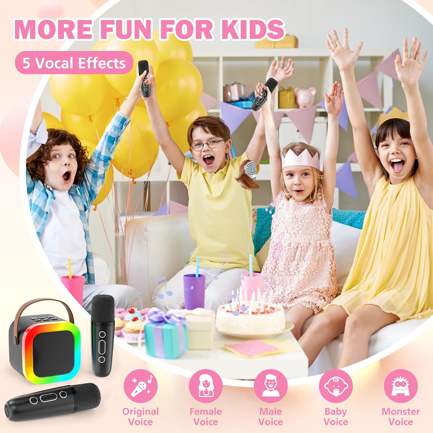 Mini Karaoke Machine for Kids Adults, Portable Bluetooth Speaker with 2 Wireless Microphones,Toys Birthday Gifts for Girls Ages 4, 5, 6, 7, 8,9,10,11,12+ Family Home Party (Black) - Image 3