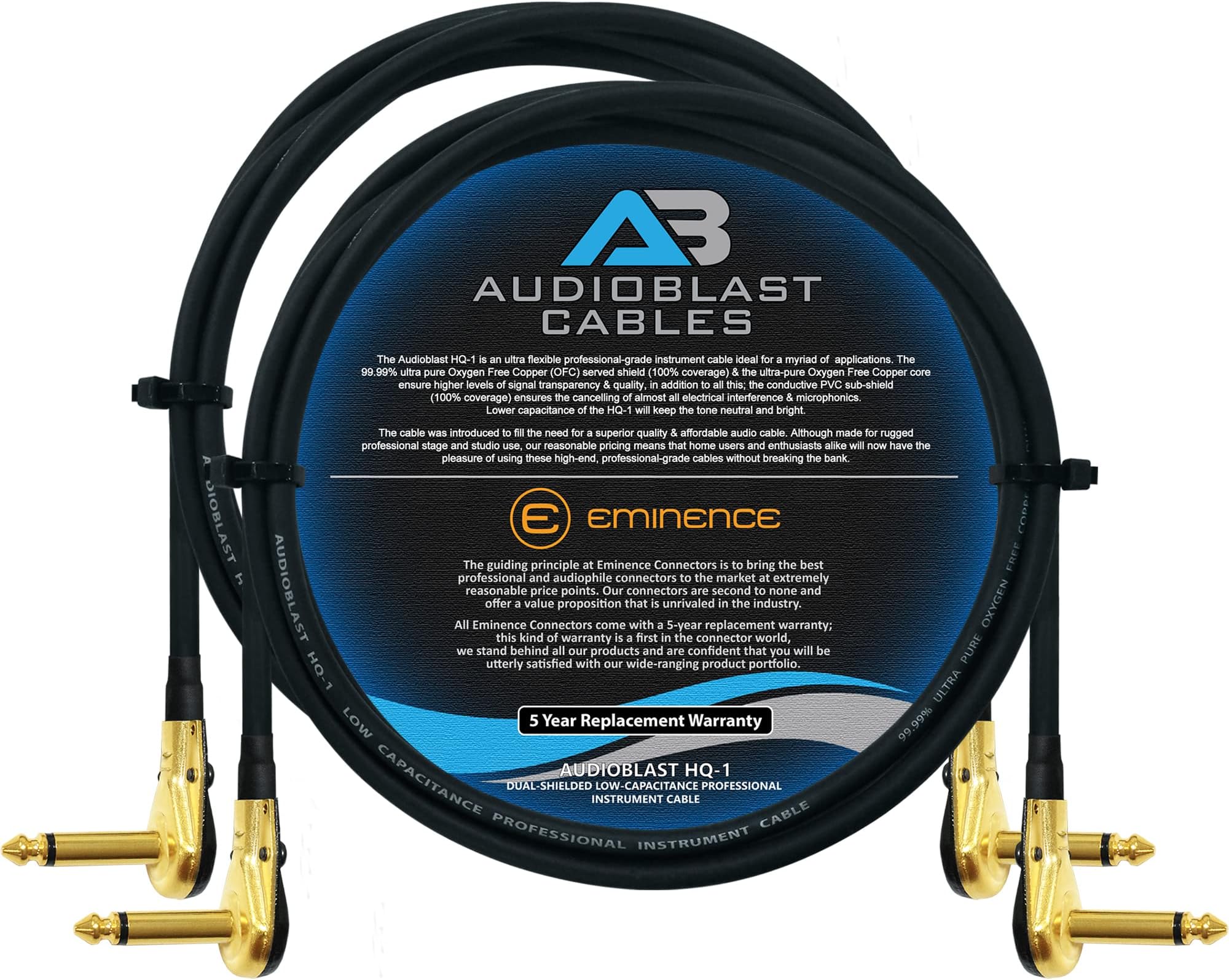 NXWVPC 2 Units - 18 Inch - Audioblast HQ-1 - Ultra Flexible - Dual Shielded (100%) - Instrument Effects Pedal Patch Cable w/Low-Profile, R/A Gold Pancake TS (6.35mm) Plugs & Dual Staggered Boots