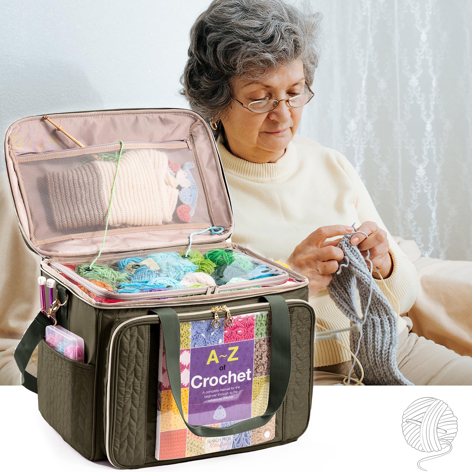 MYBAGZING Große Garn-Aufbewahrungstasche, Häkeltasche, Organizer, Garntaschen zum Häkeln, Aufbewahrungstasche mit Taschen für Häkelnadeln, Häkelzubehör, Stricktaschen, Geschenke für Häkeln