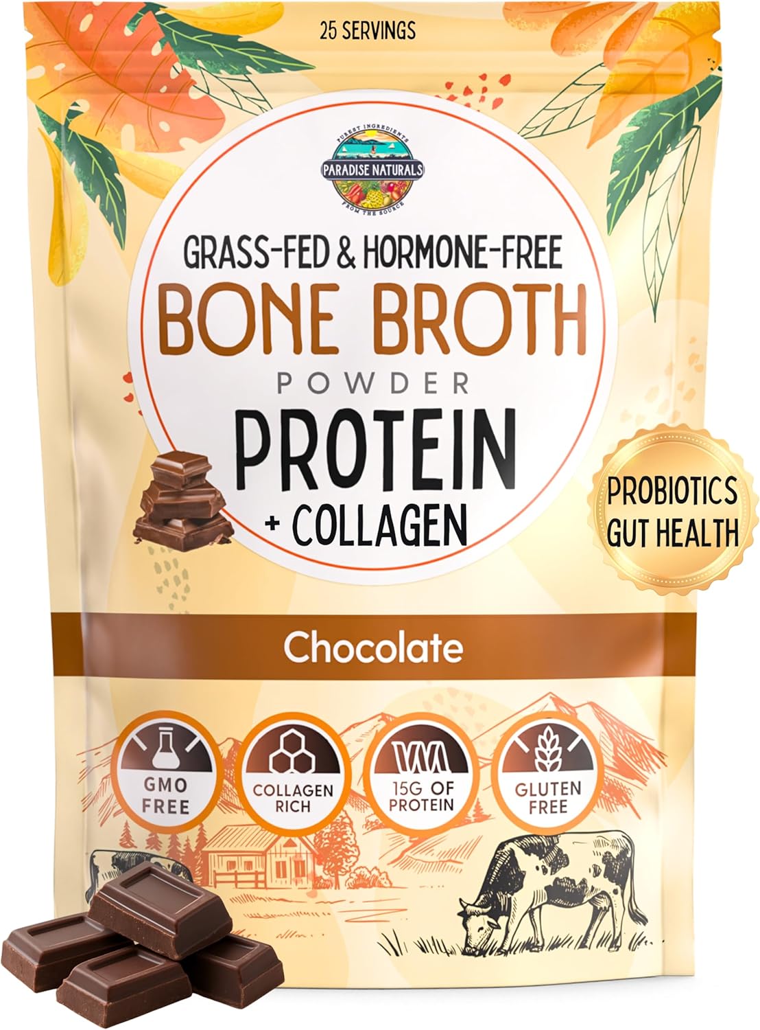 100% Grass-Fed Chocolate Bone Broth Protein Powder with Probiotics  Zero Artificial Flavors, 15g Protein, Collagen-Rich, Gut & Joint Support, Healthy Hot Chocolate, Keto, Paleo, Gluten Free