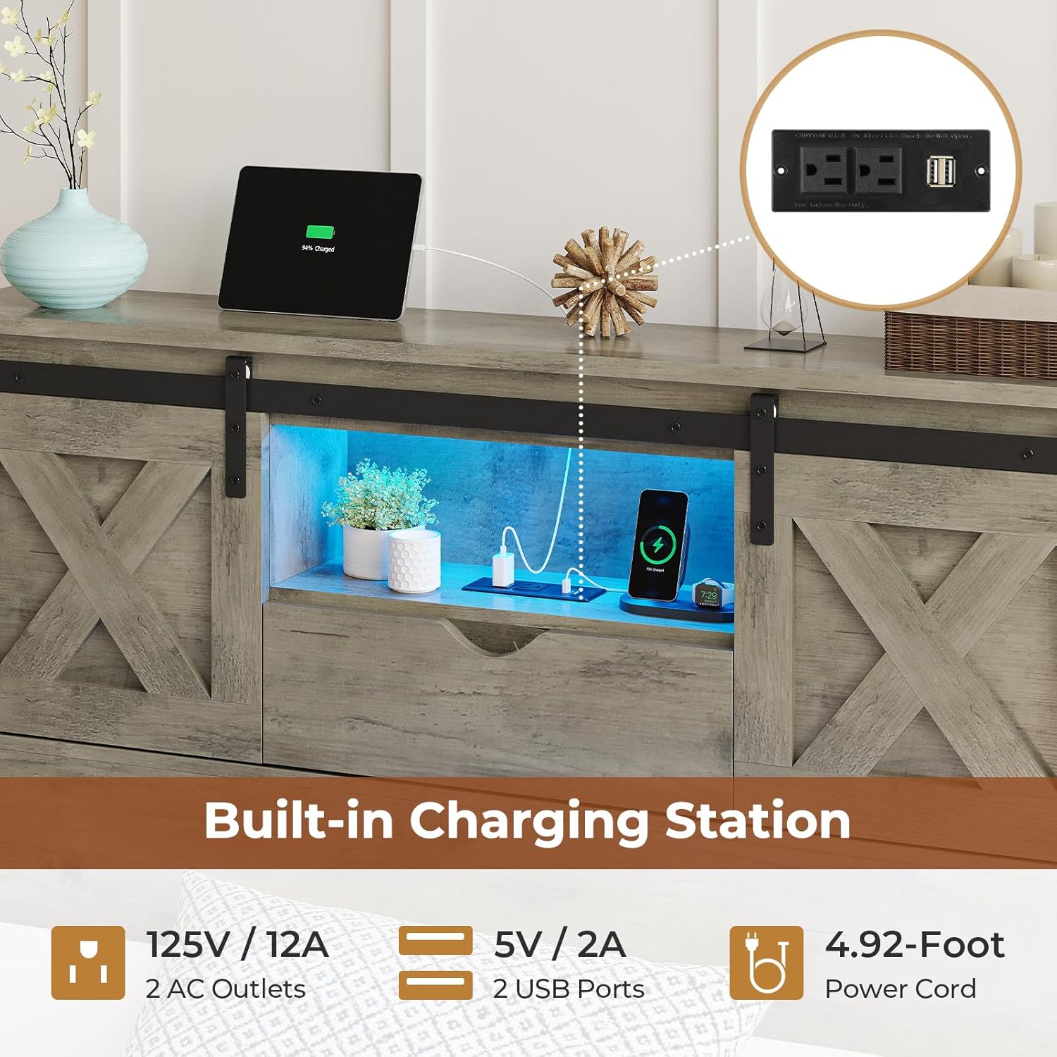 Hasuit Farmhouse Bed Frame Twin XL Size with 2 Storage Drawers, Wooden Platform Twin XL Bed with LED Lights and Charging Station, Rustic Headboard with Sliding Barn Door Storage Cabinets (Rustic Oak)