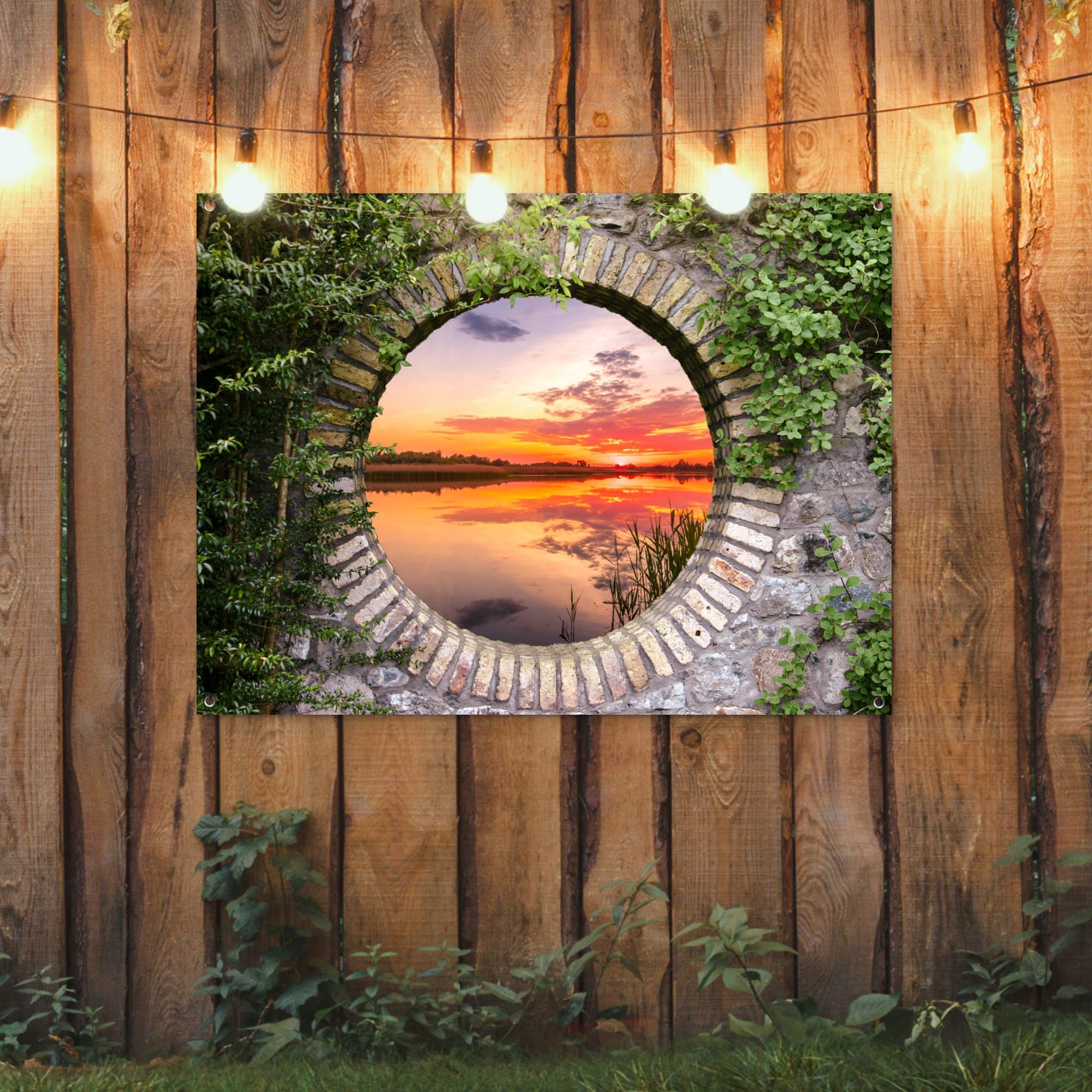 MuchoWow© Gartenposter Outdoor Bilder Gartendeko für draußen Wetterfest | 120x90 cm - Garten Deko Banner Sichtschutzmatte Draußen Bild Meer - Sonnenuntergang - Ausblick