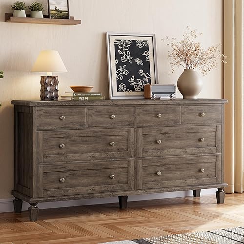 Garvee 8 Drawer Dresser for Bedroom, Vintage 59" Long Dresser TV Stand with Carved Handles and Tapered Legs, Wood Chests of Drawers with Large Capacity Storage, Grey