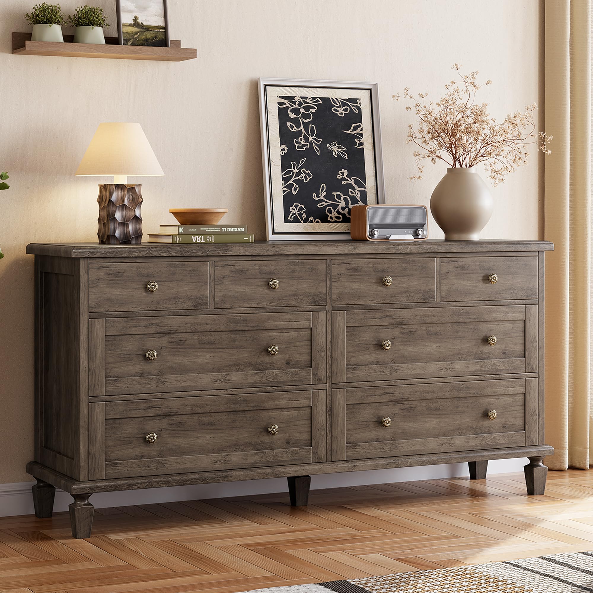Garvee 8-Drawer Dresser in Grey, front view.