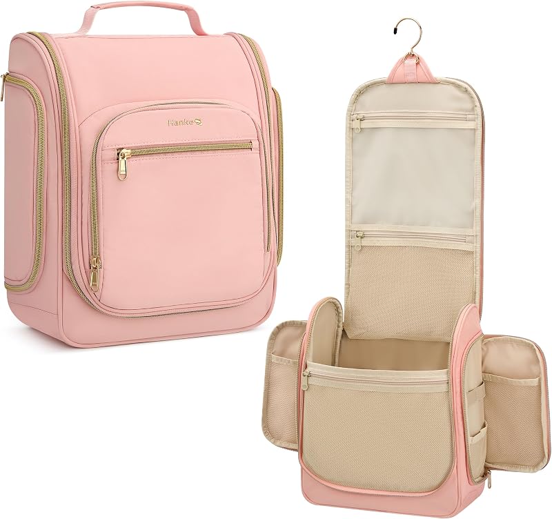Necessaire de viagem suspensa Hanke com compartimentos, gancho giratório e material resistente à água, rosa