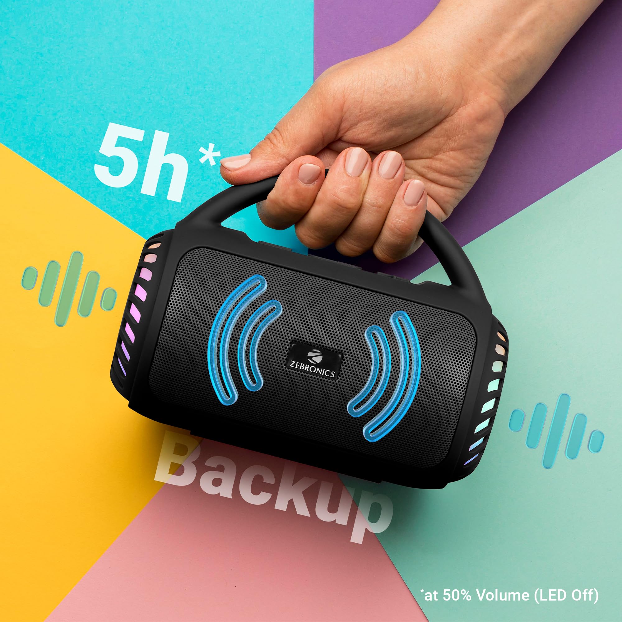 Zebronics Portable Bluetooth Speaker, 8W, Upto 18 Hours Playback, BTv5.3, mSD, TWS, USB, 8 Multi-Color LED Modes, Call Function, Type-C Charge, Deep Bass, Carry Handle (County 5 Plus, Black) — Amazon image 3