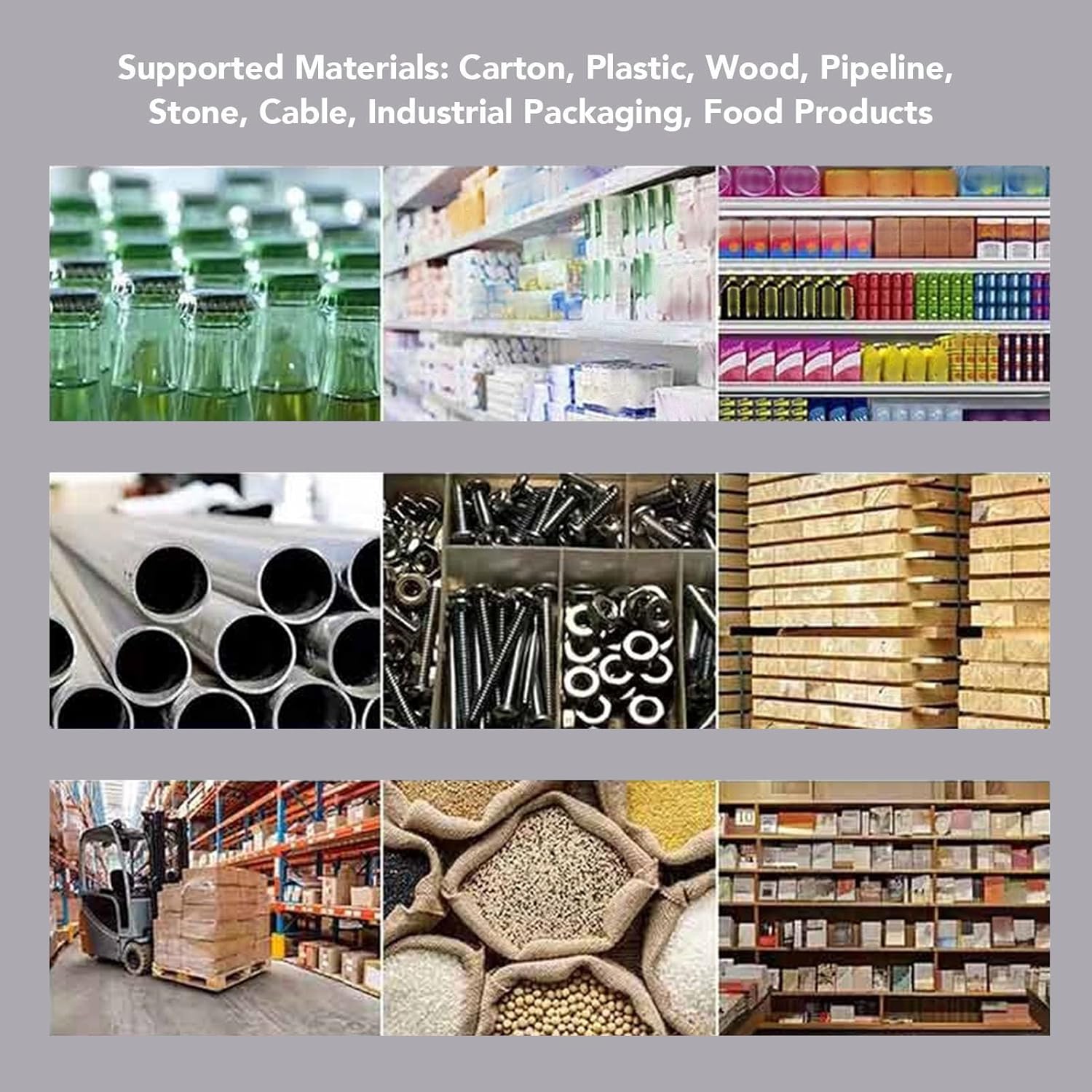 Various materials like carton, plastic, wood, and food products that can be printed on