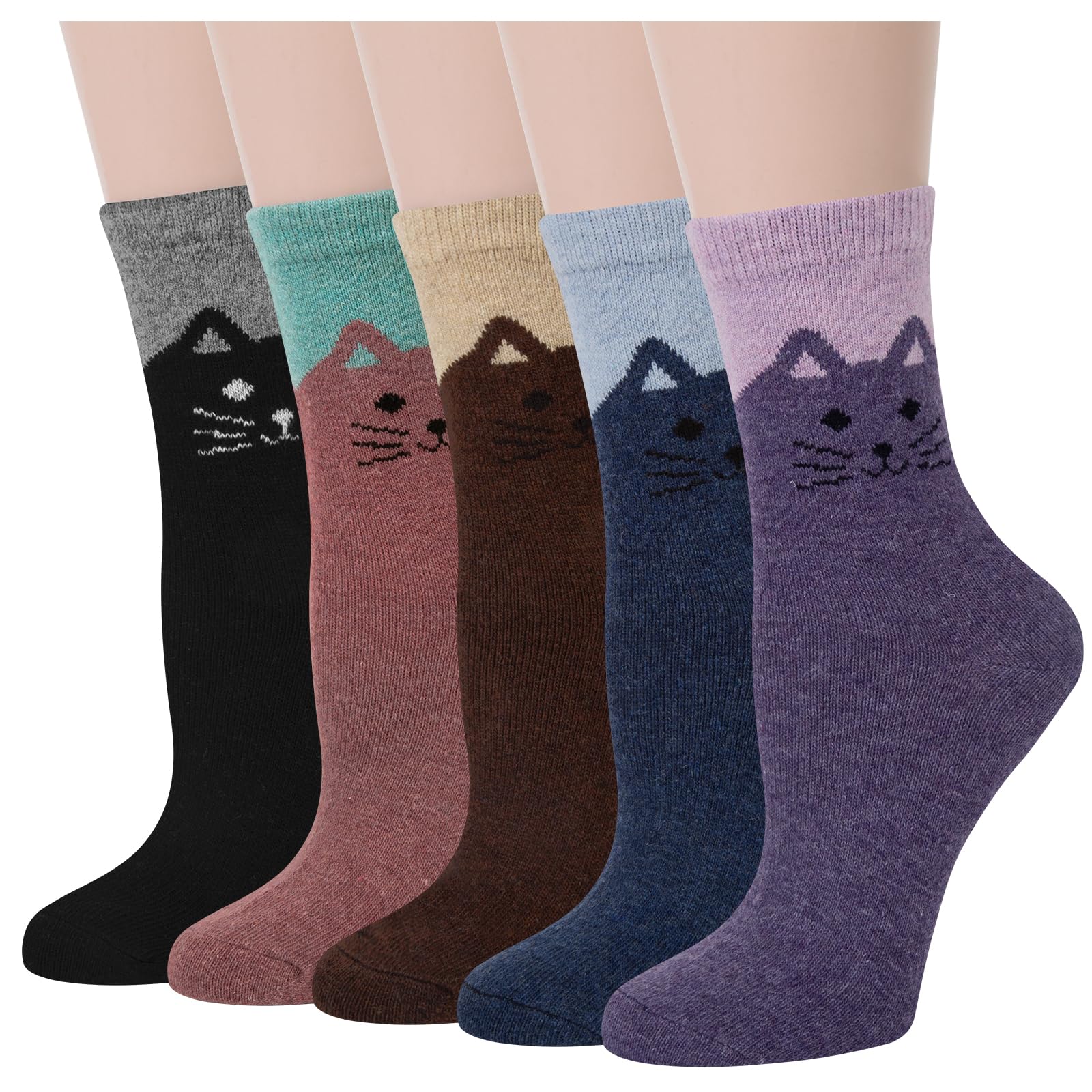 YSense Snug 5 Paia Calze Donna Lana, Calze Di Invernali, Calzini Termiche Divertenti, Calze di Lana Vintage Natalizi Fantasia