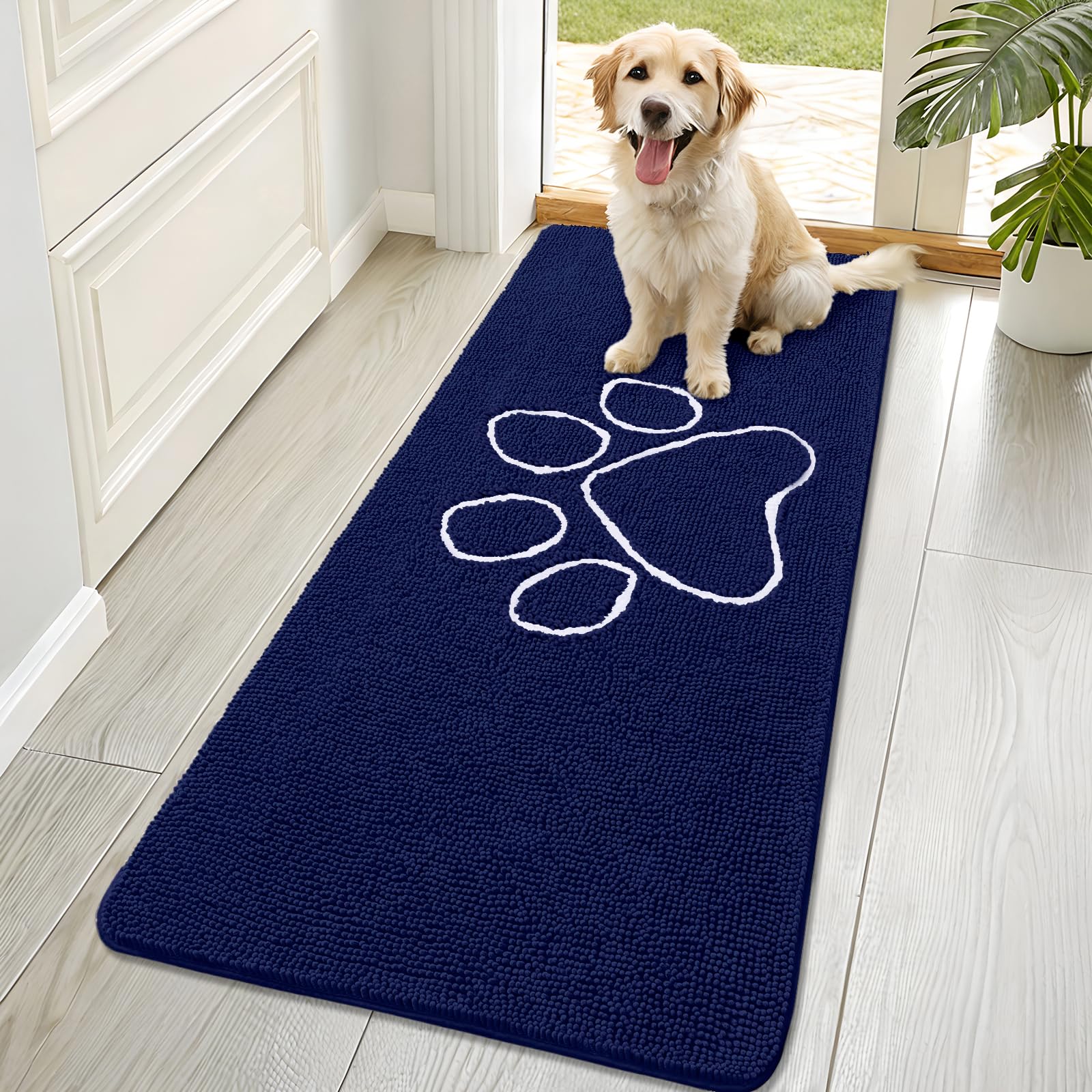 OLANLY Dog Door Mat for Muddy Paws 70x32, Paw Print Design Chenille Mud Mat