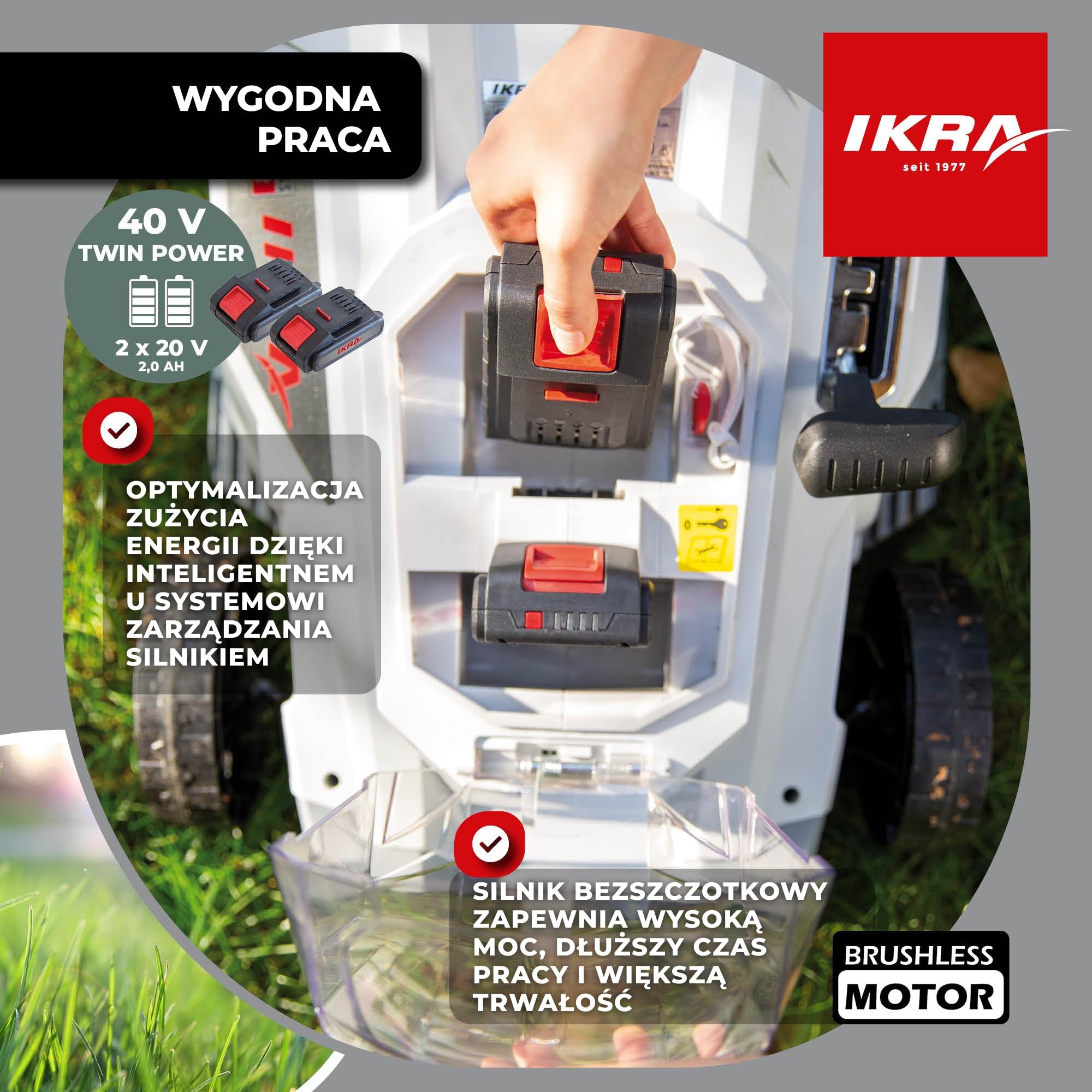 IKRA Kosiarka ICM 2/2037, szerokość 37cm, 2 akumulatory, ładowarka | Wysokość koszenia 25–75 mm, funkcja mulczowania do 250 m², regulowany uchwyt, kosz 40 l, system akumulatorów IKRA 20 V