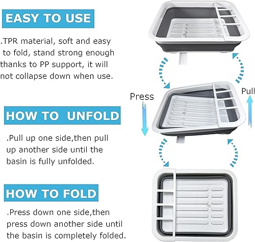 Miniatura 3 de Escurridor de platos plegable con tapón de drenaje y boquilla giratoria, ahorra espacio, estante portátil para cocina, caravanas, cámpers y
