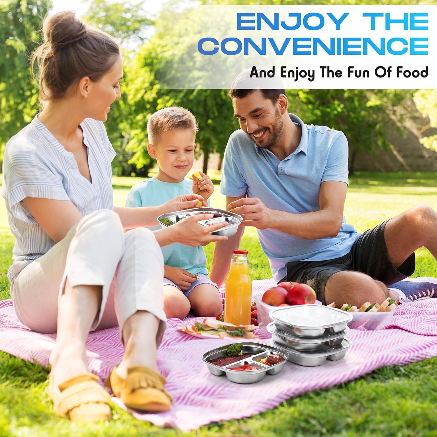 Jinei 8 Pack Stainless Steel Kids Plates Metal Toddler Plate with Lids Portion Control Plate with 3-compartment, Non Toxic Unbreakable Divided Food Tray for Camping, Lunch and Dinner(Clear) - Image 8