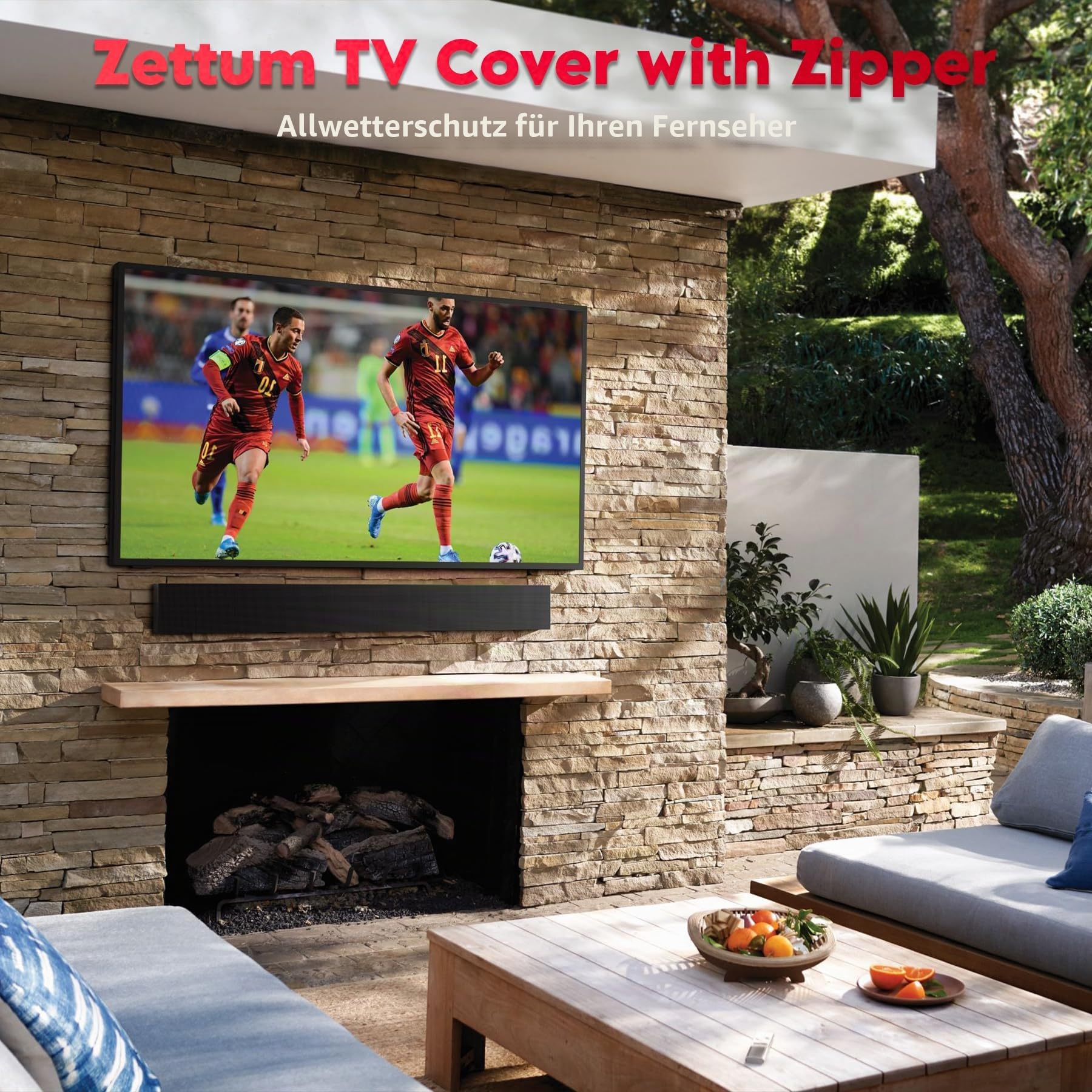 Zettum Aufklappbare TV Abdeckung für 55-58 Zoll Fernseher – Wasserdicht & Heavy Duty Bildschirmschutz Abdeckhaube, 600D PU Oxford mit Reißverschluss und Klappfunktion TV Cover Outdoor