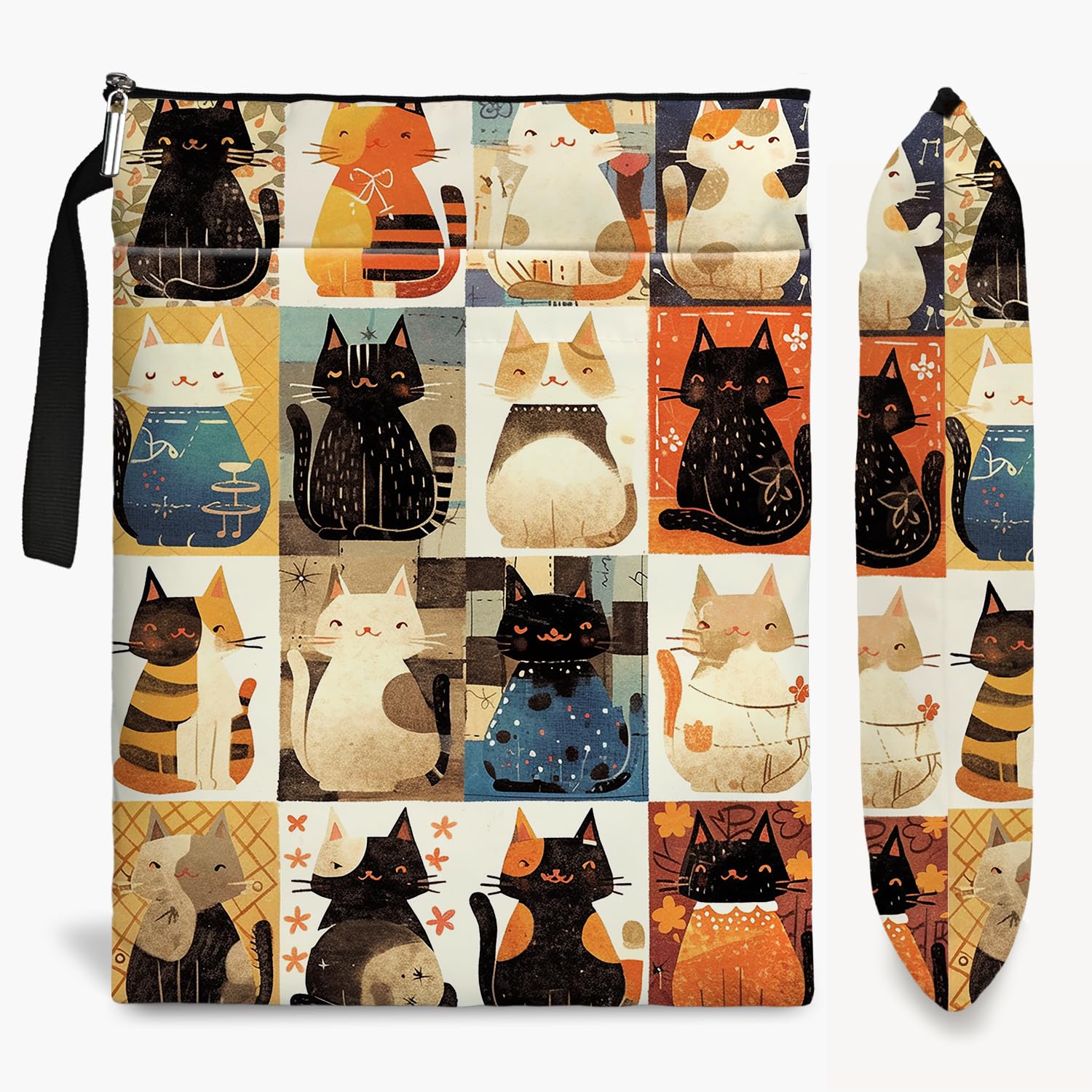 Cat Book Sleeve - Book Covers with Zipper, Book Covers for Paperbacks, Cat Themed Gifts for Women, Graduation Birthday (Black, Large)