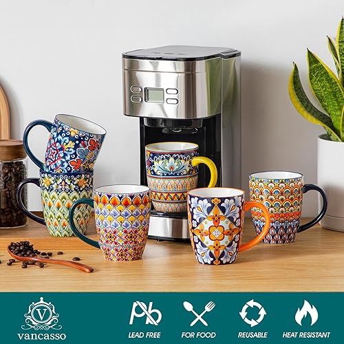 Miniatura 3 de vancasso Juego de 6 tazas de café de 16 onzas, tazas de cerámica grandes con asa, tazas de café bohemias para café con leche, capuchino y chocolate